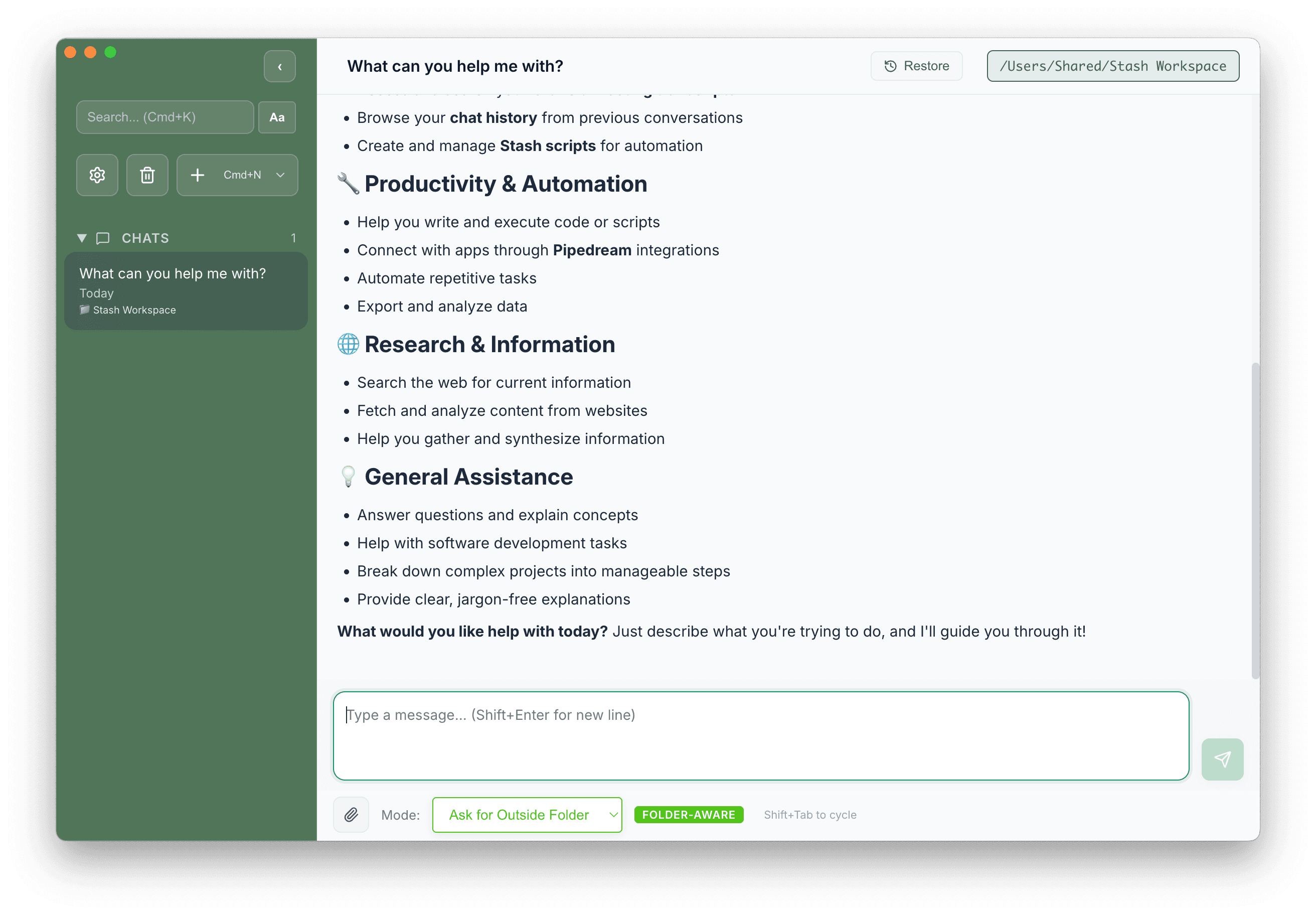 Stash Desktop Interface - AI-powered workflow automation with persistent memory and integrations